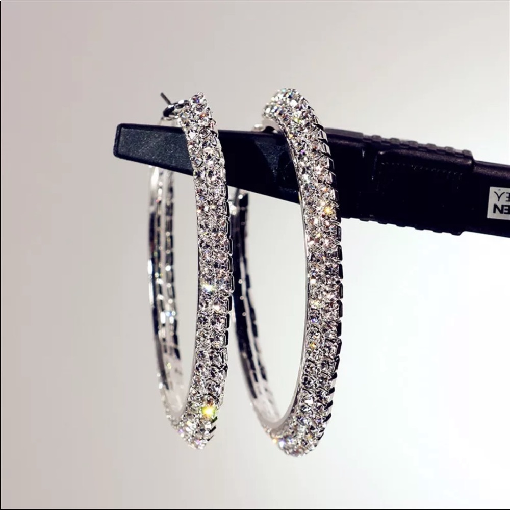 *New Sterling Silver CZ Diamond Hoop Earrings - Picture 2 of 4